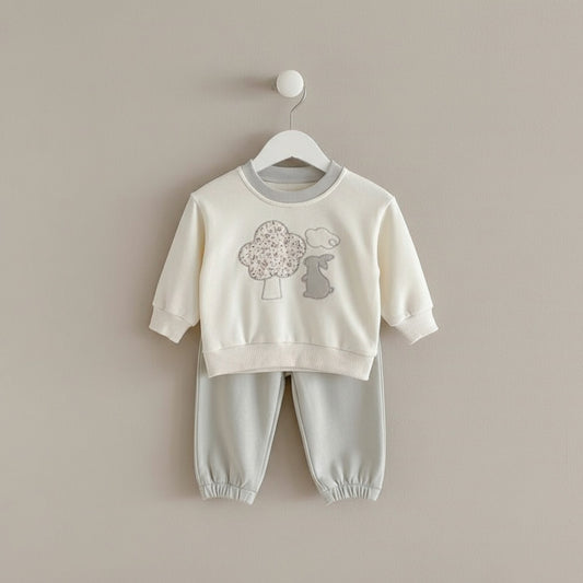 Blossom Bunny Cotton Lounge Set - Cream/Grey (6m-4yrs)