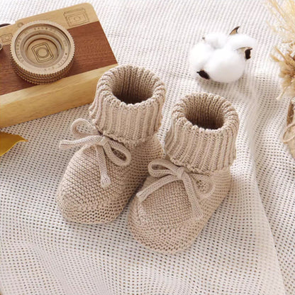 Camel Knit Baby Booties with Bow (9-12cm)