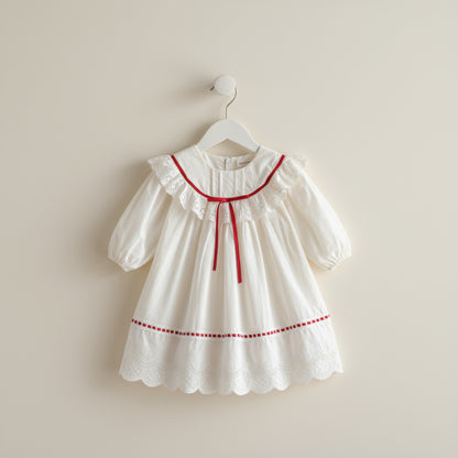 Cora Bow Cotton Dress - Cream/Red (24m-6yrs)