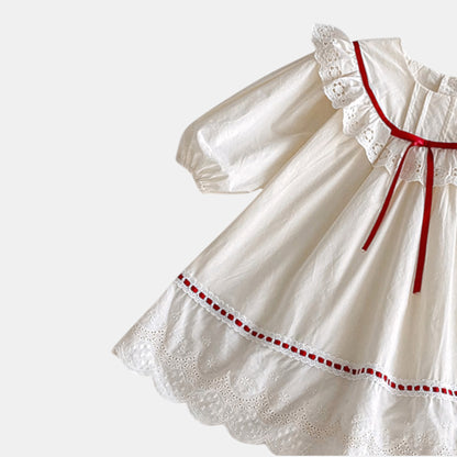 Cora Bow Cotton Dress - Cream/Red (24m-6yrs)
