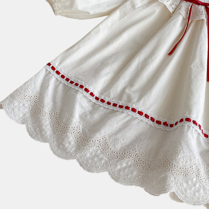 Cora Bow Cotton Dress - Cream/Red (24m-6yrs)