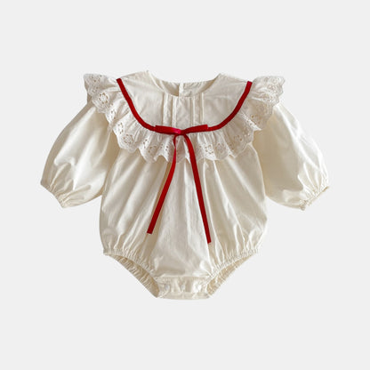 Cora Bow Cotton Romper - Cream/Red (3m-24m)