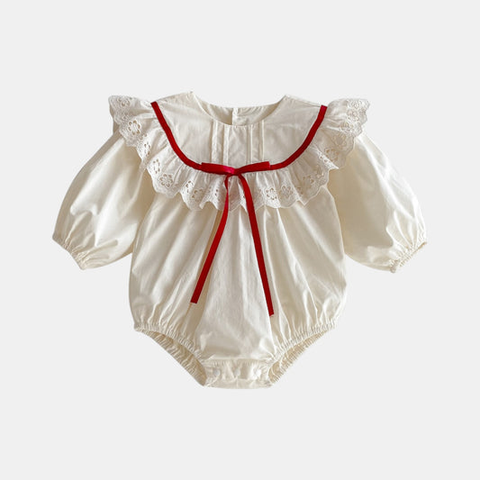 Cora Bow Cotton Romper - Cream/Red (3m-24m)