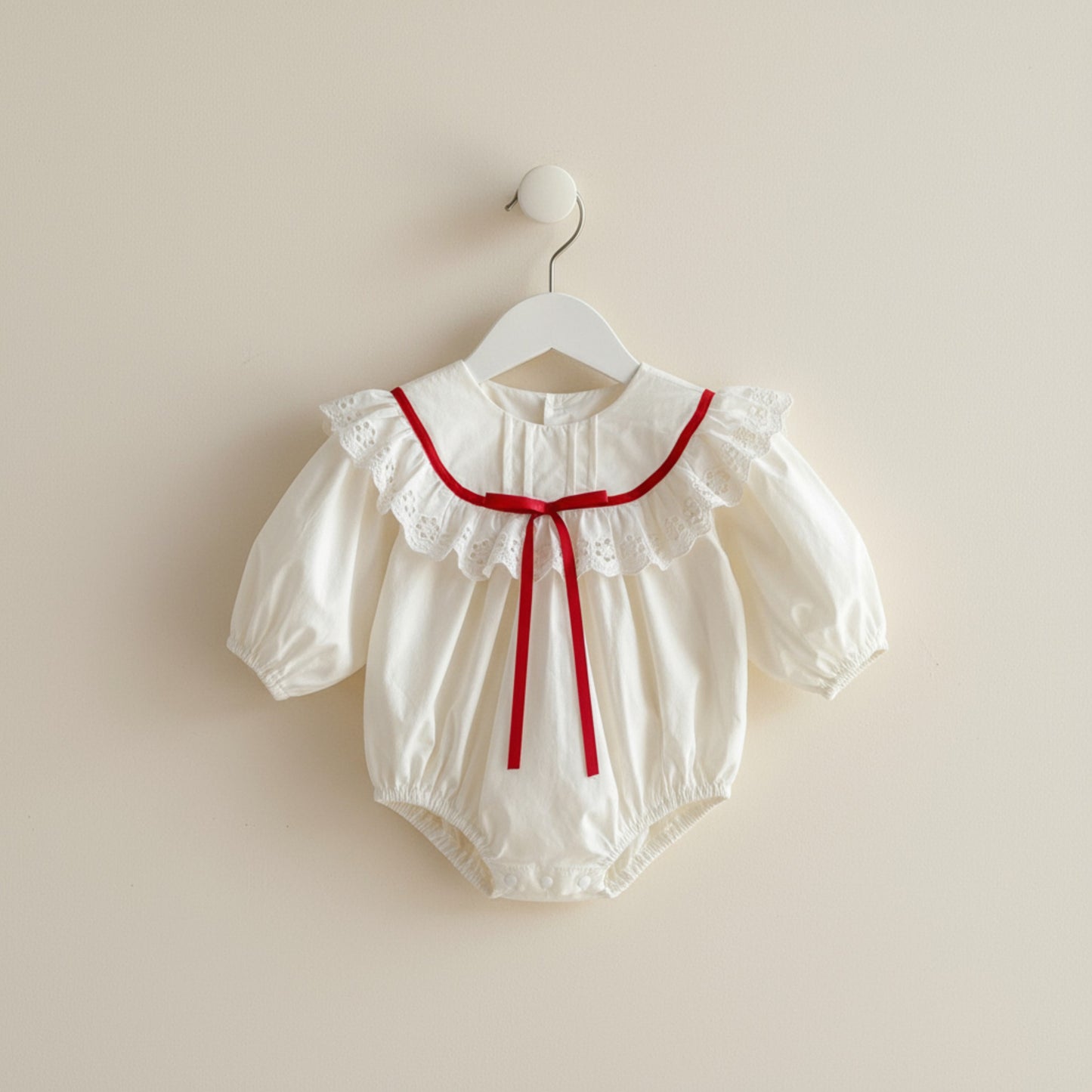 Cora Bow Cotton Romper - Cream/Red (3m-24m)