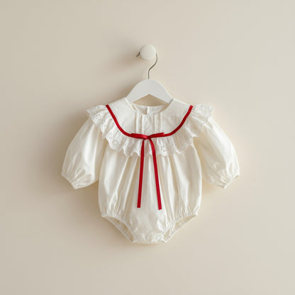 Cora Bow Cotton Romper - Cream/Red (3m-24m)