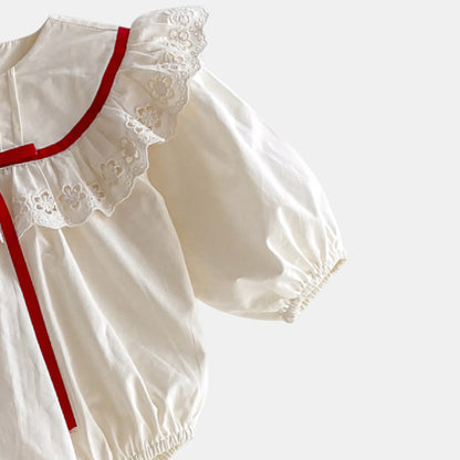 Cora Bow Cotton Romper - Cream/Red (3m-24m)