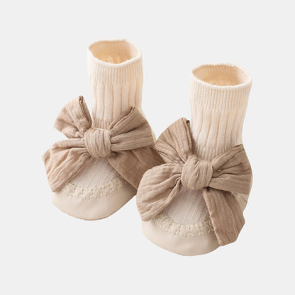 Cotton Bow Baby Slipper Socks, Beige (11-13cm)