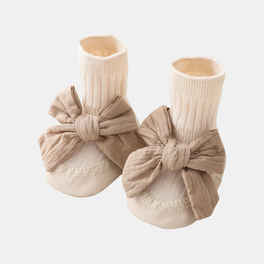 Cotton Bow Baby Slipper Socks, Beige (11-13cm)