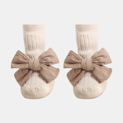 Cotton Bow Baby Slipper Socks, Beige (11-13cm)