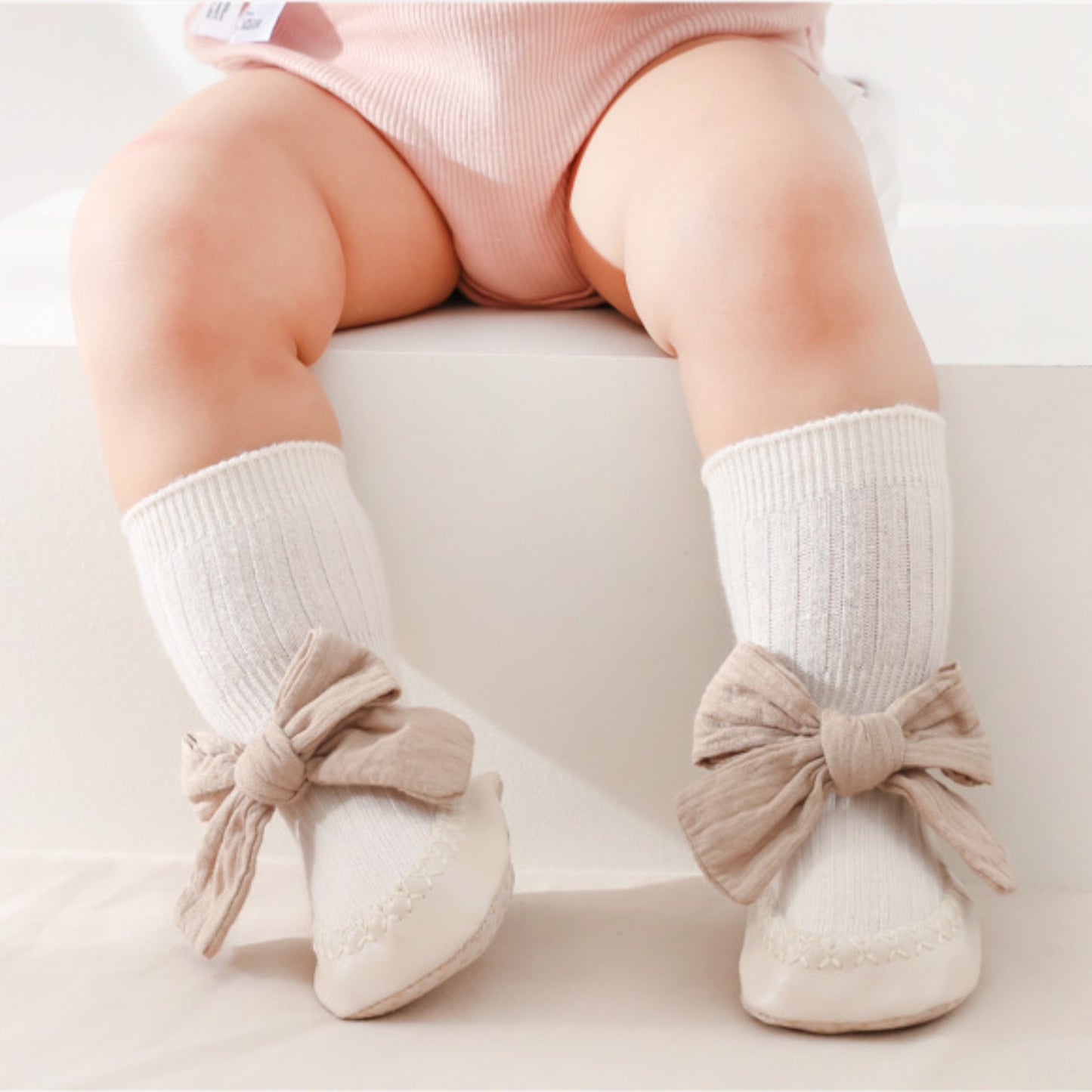 Cotton Bow Baby Slipper Socks, Beige (11-13cm)