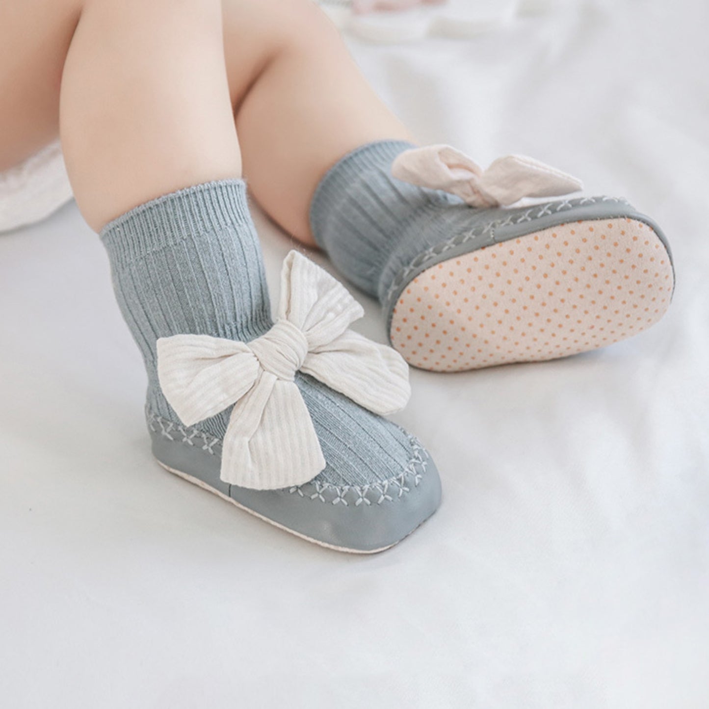 Cotton Bow Baby Slipper Socks, Blue (11-13cm)