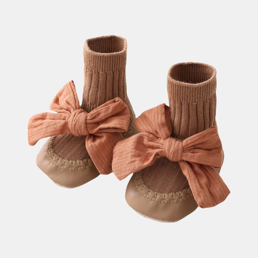 Cotton Bow Baby Slipper Socks, Brown (11-13cm)
