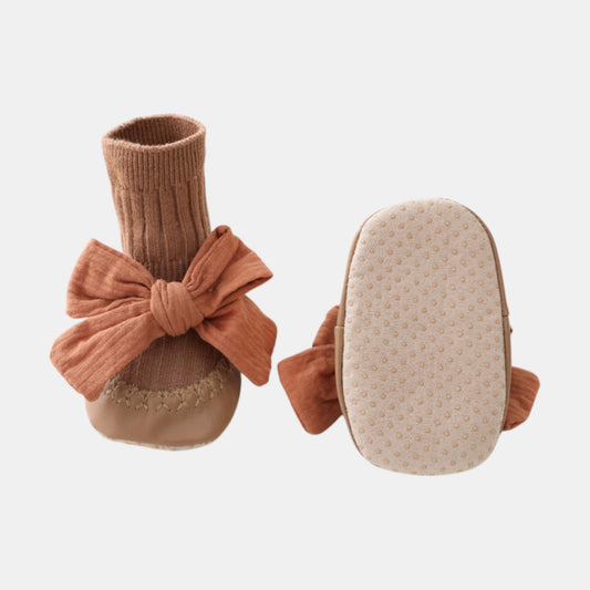 Cotton Bow Baby Slipper Socks, Brown (11-13cm)