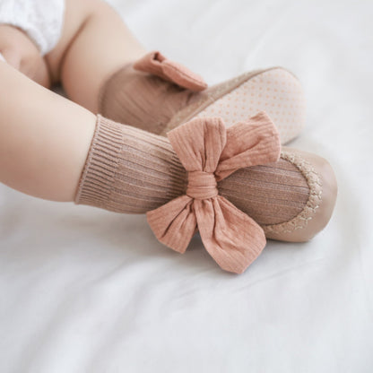 Cotton Bow Baby Slipper Socks, Brown (11-13cm)