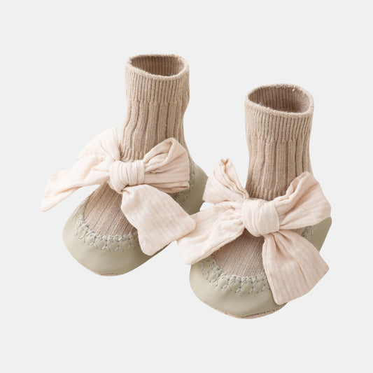 Cotton Bow Baby Slipper Socks, Khaki (11-13cm)