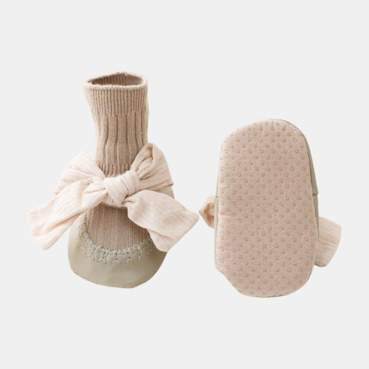 Cotton Bow Baby Slipper Socks, Khaki (11-13cm)