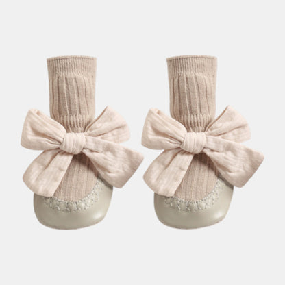 Cotton Bow Baby Slipper Socks, Khaki (11-13cm)