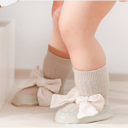 Cotton Bow Baby Slipper Socks, Khaki (11-13cm)