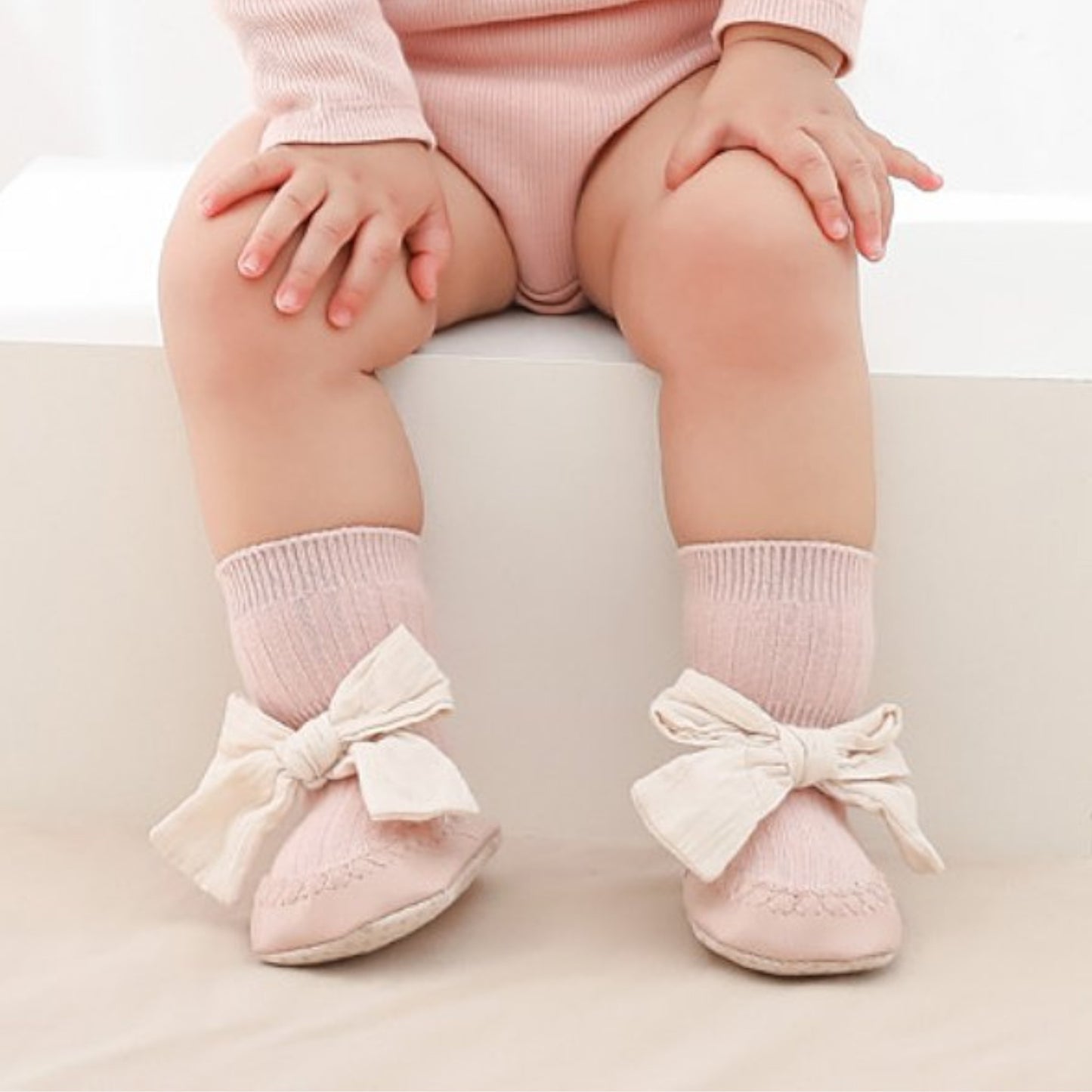 Cotton Bow Baby Slipper Socks, Pink (11-13cm)