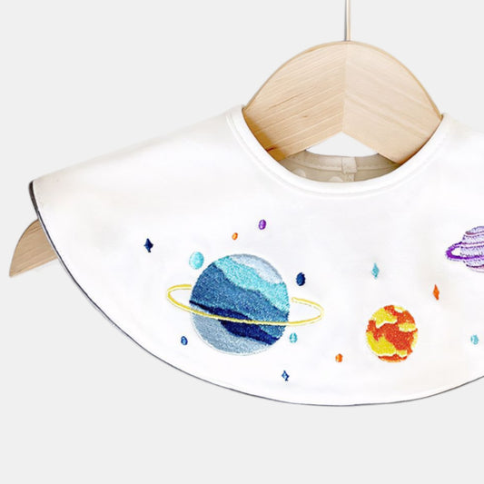 Embroidered Planets Cotton Waterproof Dribble Bib Detail  - Bambisserie