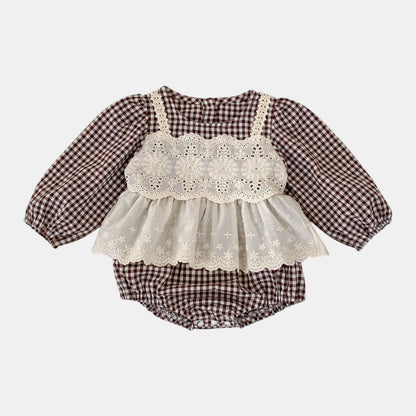Erin Gingham Lace Romper - Brown (3m-24m)