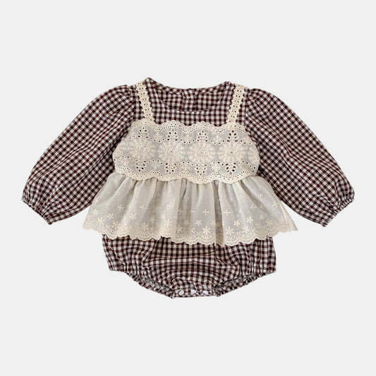 Erin Gingham Lace Romper - Brown (3m-24m)