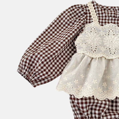 Erin Gingham Lace Romper - Brown (3m-24m)