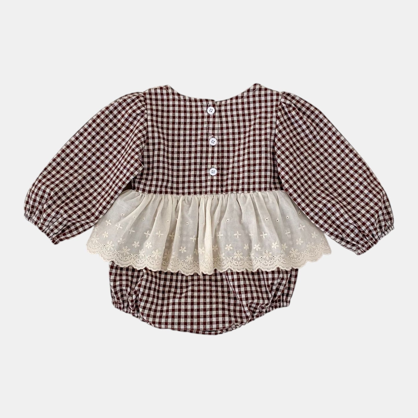 Erin Gingham Lace Romper - Brown (3m-24m)