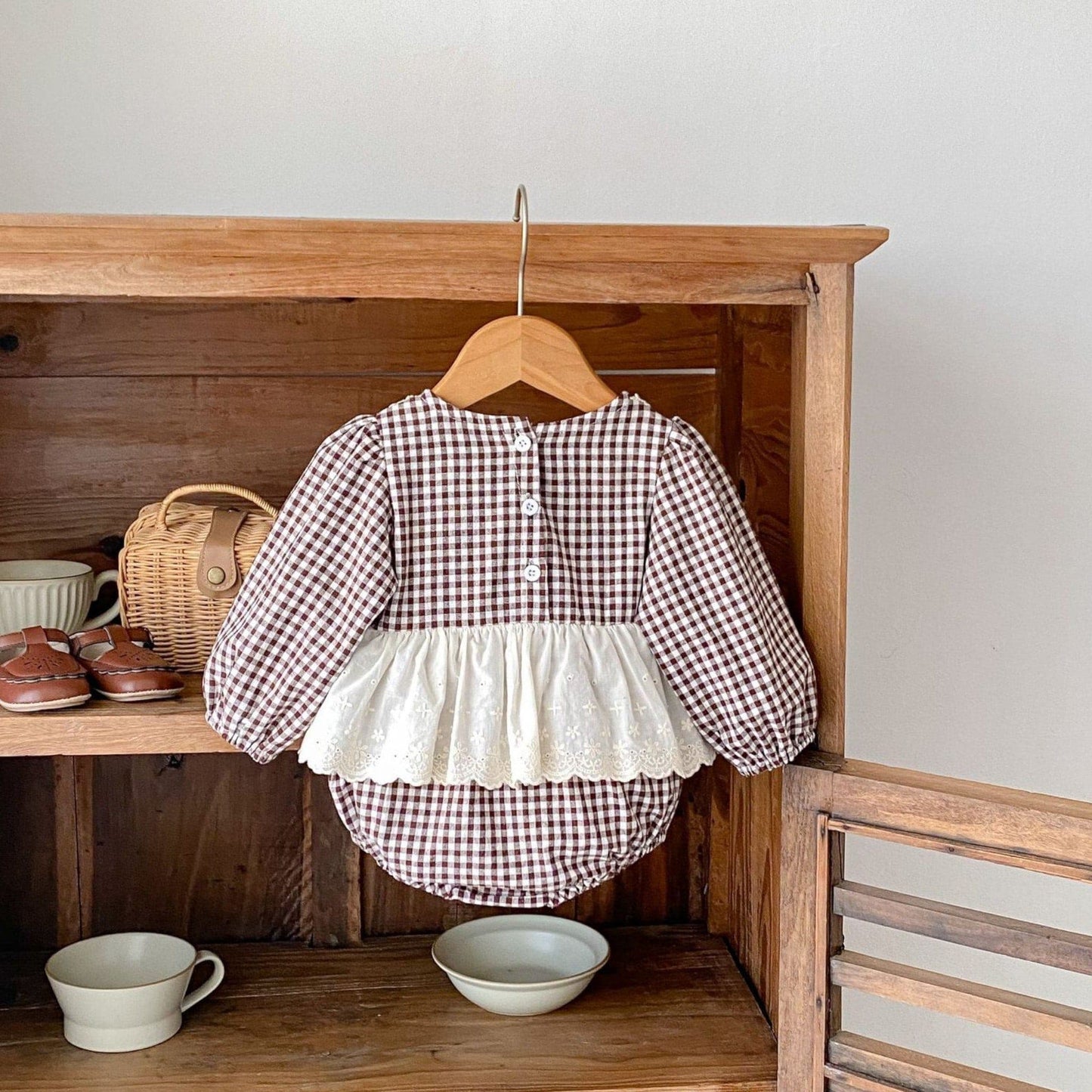 Erin Gingham Lace Romper - Brown (3m-24m)