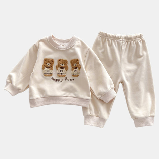 Happy Bear Cotton Lounge Set, Cream (3m-3yrs)