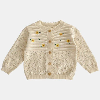 Cream knitted cardigan with floral embroidery on a light grey background