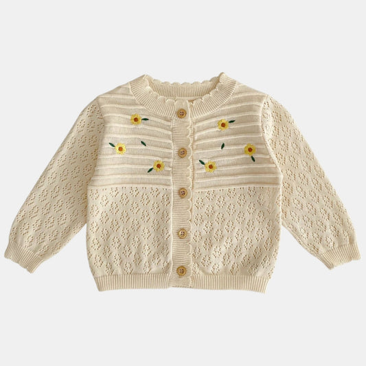 Cream knitted cardigan with floral embroidery on a light grey background