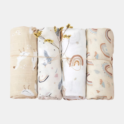 Large Bamboo Muslin Baby Swaddle Blanket Set - Lullaby Tales (4 Pack)