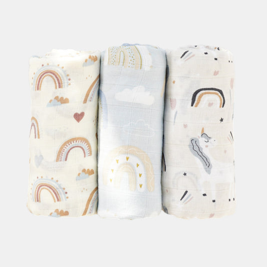 Large Bamboo Muslin Baby Swaddle Blanket Set - Unicorn Skies (3 Pack)