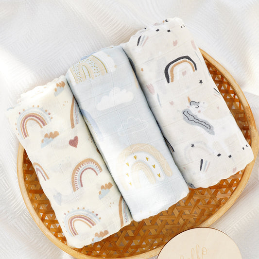 Large Bamboo Muslin Baby Swaddle Blanket Set - Unicorn Skies (3 Pack)