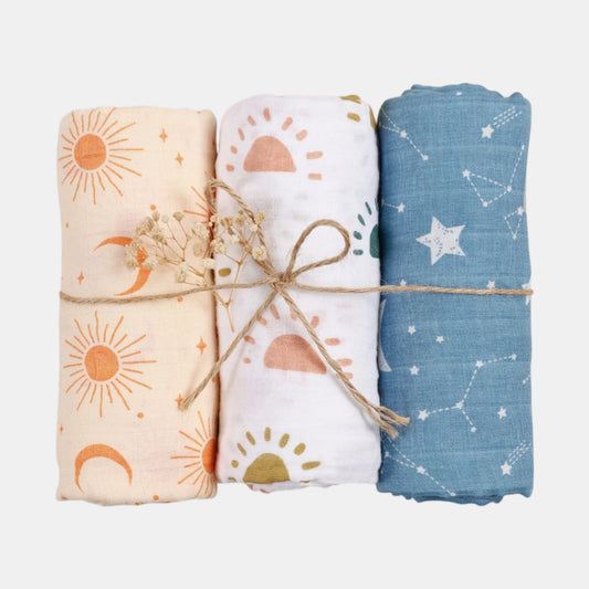 Large Cotton Muslin Baby Swaddle Blanket Set - Celestial Dreams (3 Pack)