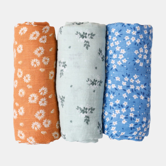 Large Cotton Muslin Baby Swaddle Blanket Set - Meadow Blooms (3 Pack)