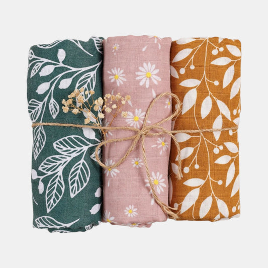 Large Cotton Muslin Baby Swaddle Blanket Set - Muted Botanica (3 Pack)