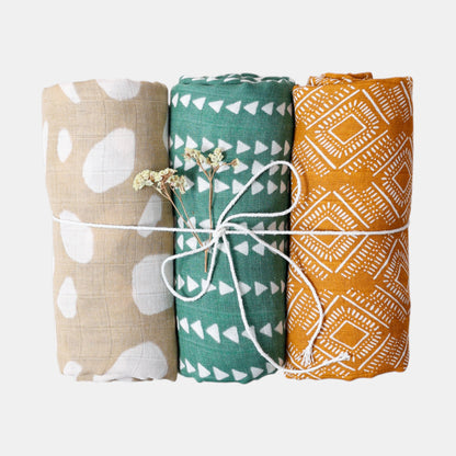 Large Cotton Muslin Baby Swaddle Blanket Set - Urban Boho (3 Pack)