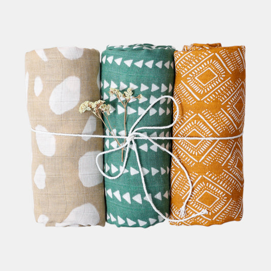 Large Cotton Muslin Baby Swaddle Blanket Set - Urban Boho (3 Pack)