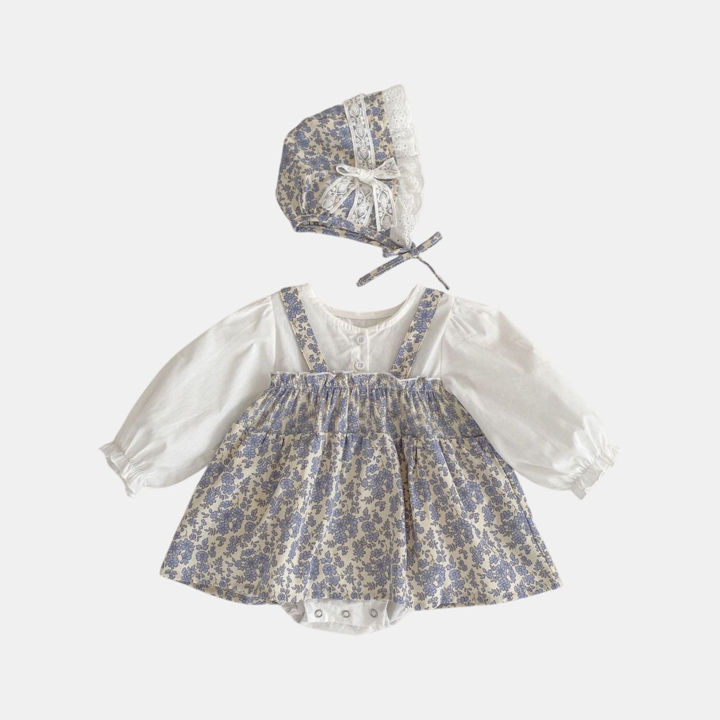 Lila Romper Dress & Bonnet Set - Blue/White (3m-24m)