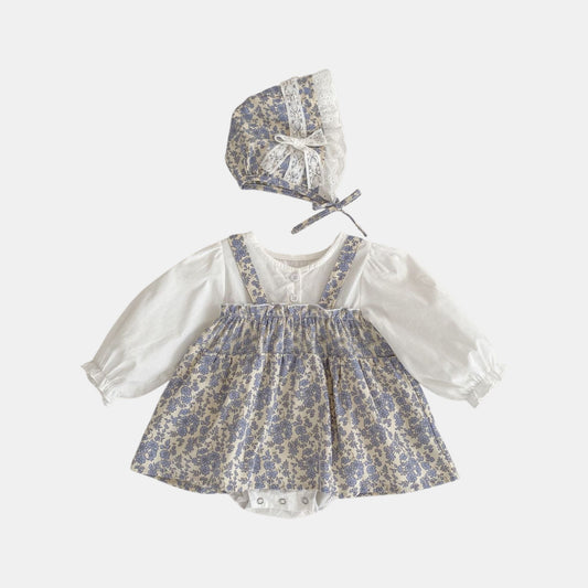 Lila Romper Dress & Bonnet Set - Blue/White (3m-24m)