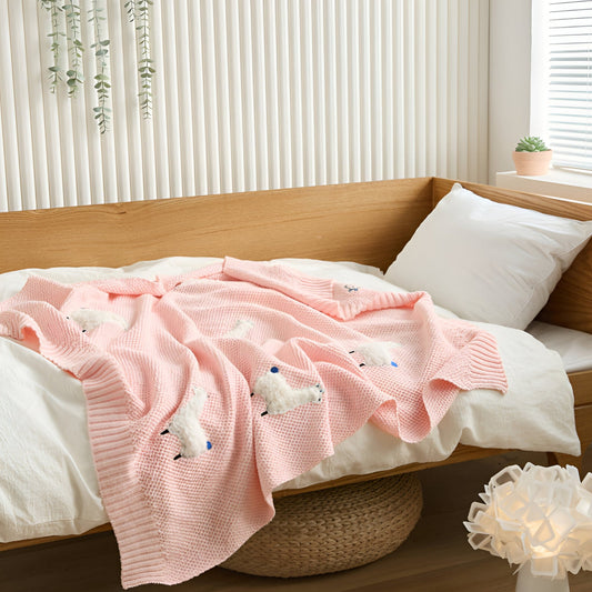 OEKO-TEX® Alpaca Knitted Cotton Blanket, Ballet Pink - Draped on bed - Bambisserie