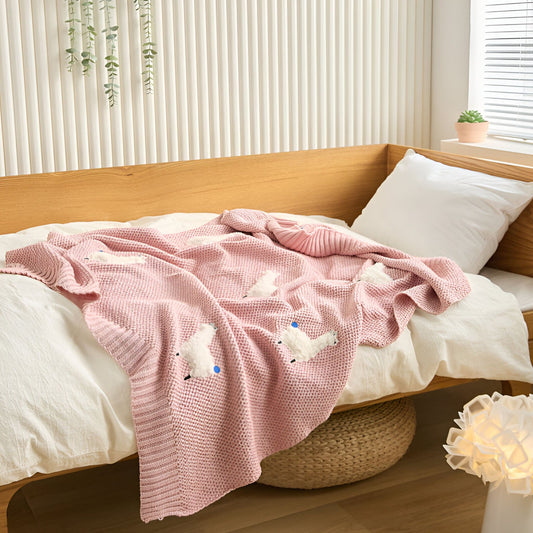 OEKO-TEX® Alpaca Knitted Cotton Blanket, Rose Pink - Draped on bed - Bambisserie