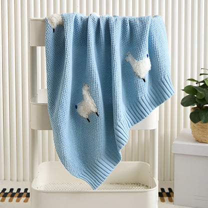 OEKO-TEX® Alpaca Knitted Cotton Blanket, Sky Blue - Draped on white trolley - Bambisserie