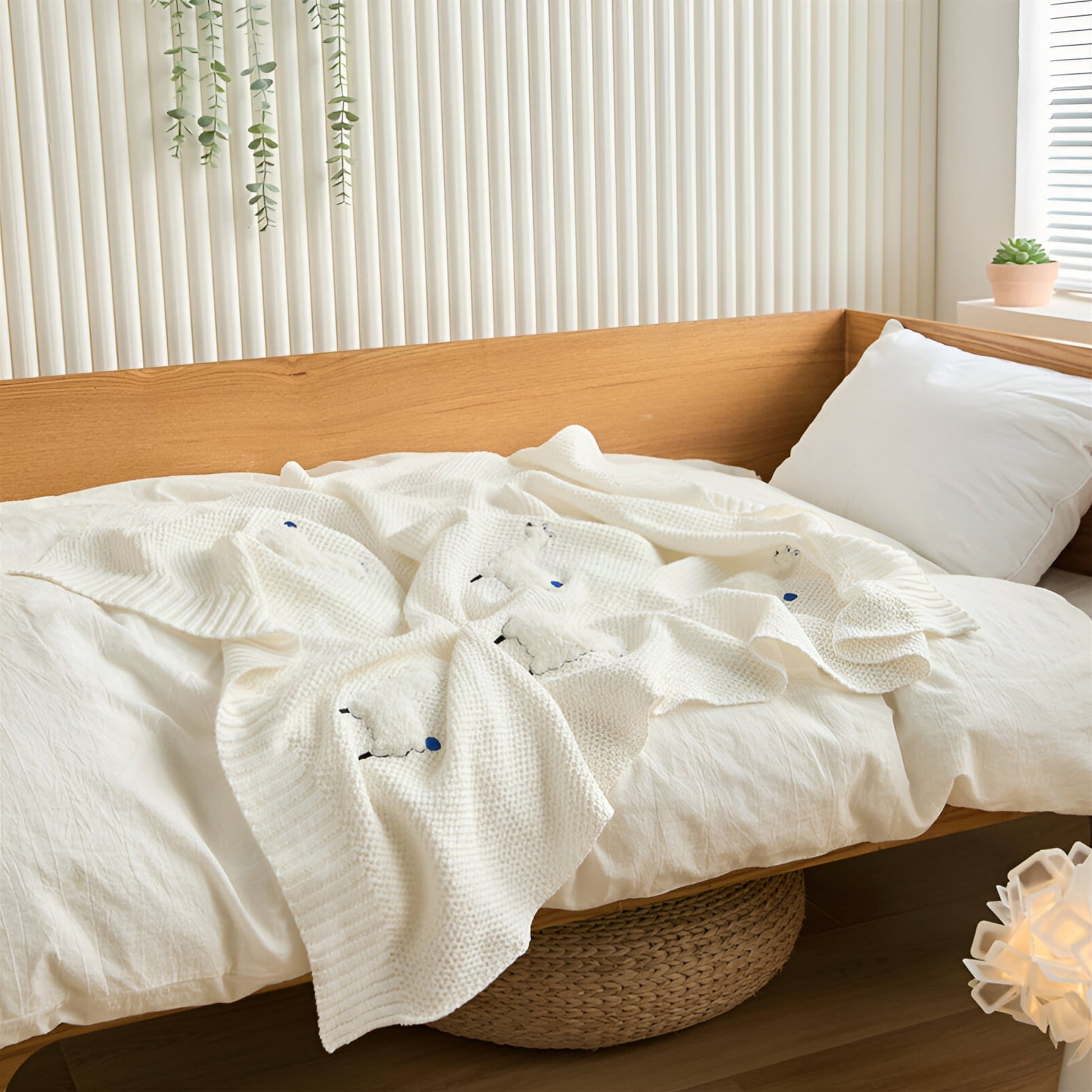 OEKO-TEX® Alpaca Knitted Cotton Blanket, White - Draped on bed - Bambisserie