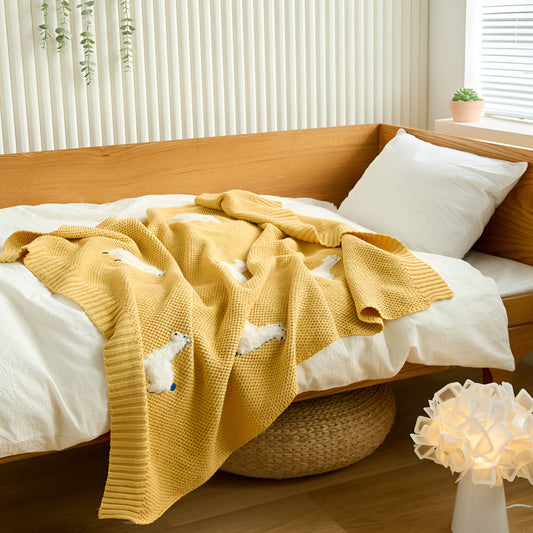 OEKO-TEX® Alpaca Knitted Cotton Blanket, Yellow - Draped on bed  - Bambisserie