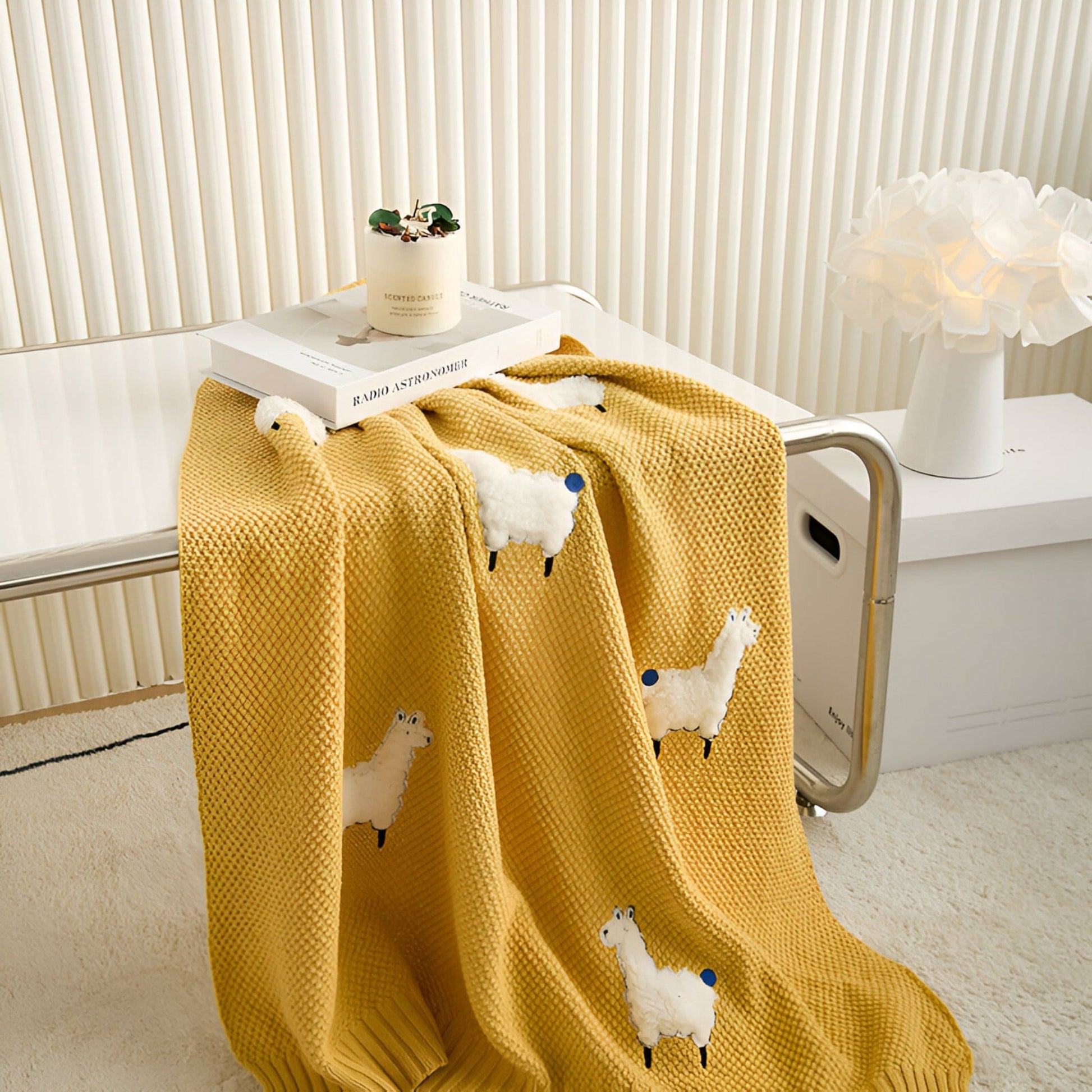 OEKO-TEX® Alpaca Knitted Cotton Blanket, Yellow - Draped on table - Bambisserie