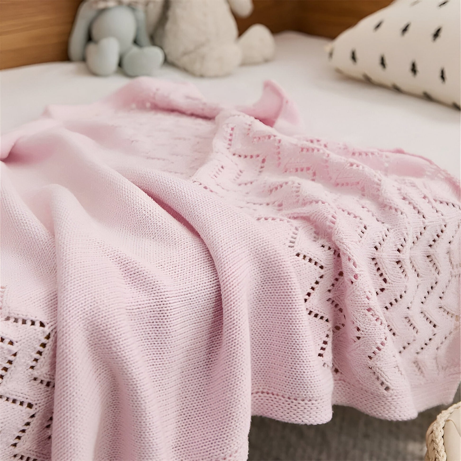 OEKO-TEX® Pink Chevron Knitted Cotton Blanket - Side Detail - Bambisserie