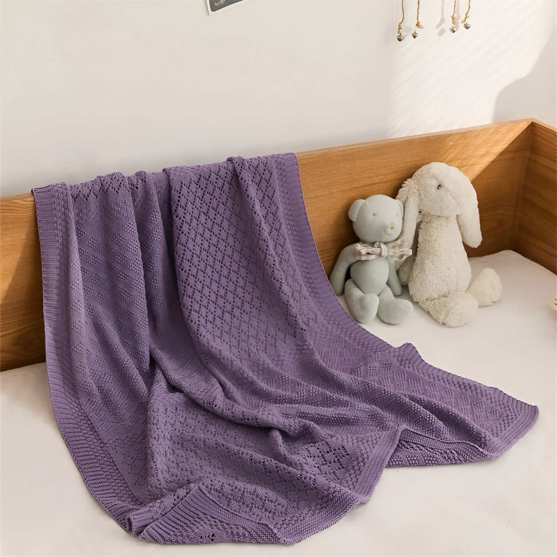 OEKO-TEX® Purple Dream Knitted Cotton Blanket - Draped on bed - Bambisserie